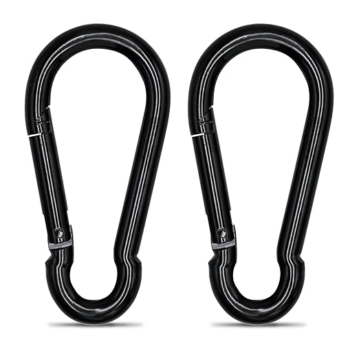KINLINK 2 Pack Black Carabiner Clip, 4 inch Heavy Duty Spring Snap Hook, Caribeener Clips for Outdoor Camping, Swing Set, Hammock, Hiking Travel, Fishing, Weight Lifting Machine