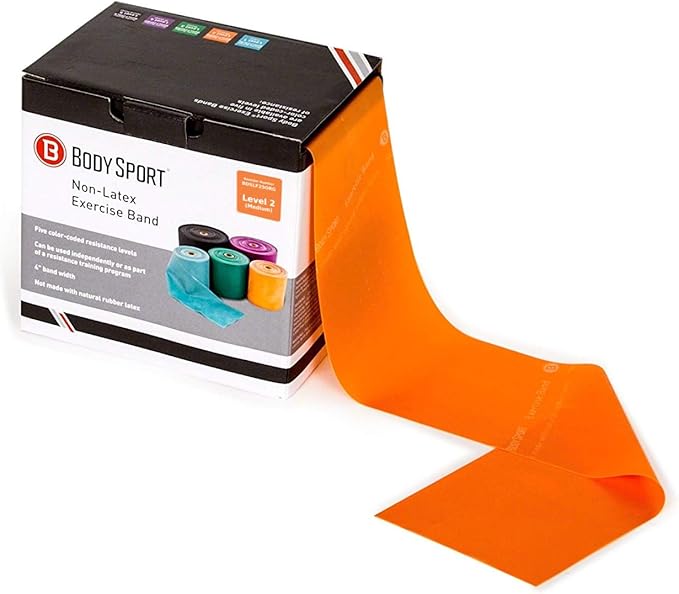 Body Sport Exercise Band, 25 yd. x 4 in. Roll, Medium Resistance - Home & Gym Fitness Equipment for Stretching, Strength Training & Physical Therapy (Orange)