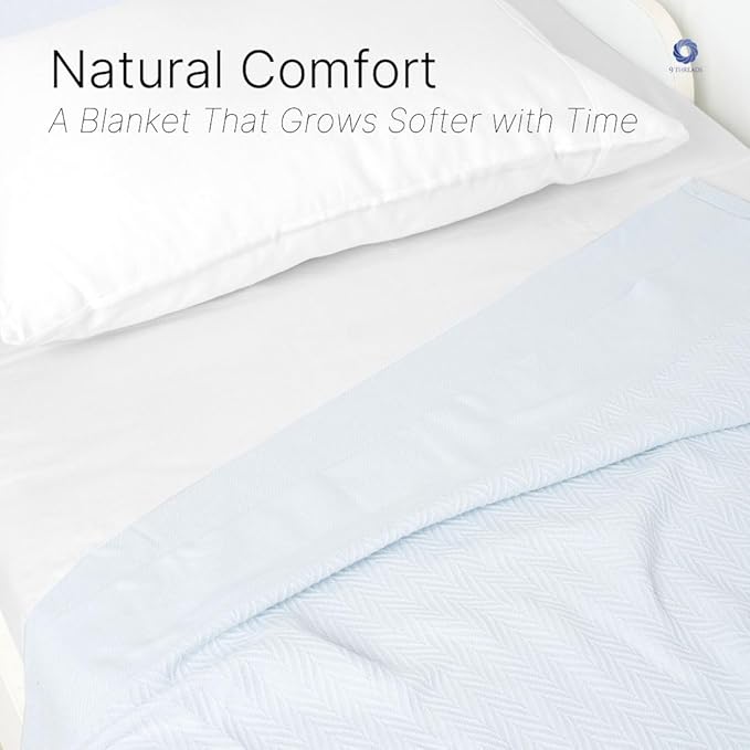 100% Cotton Herringbone Weave Blankets, 90"X90" Queen, Throw Blanket for Bed,All Season Cotton Blanket, Cozy Blanket,Throws Bed Blanket,Throw Blanket for Couch,Modern Home Decor -Light Blue