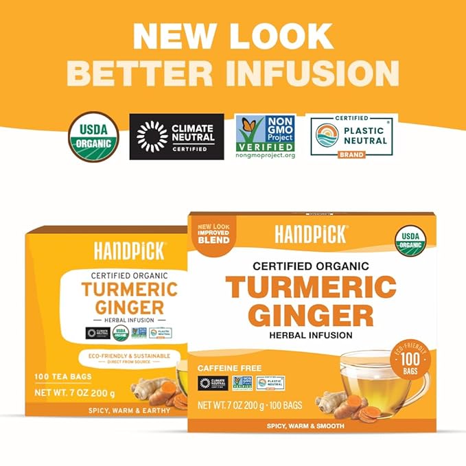 HANDPICK, Organic Turmeric Ginger Tea, 100 Eco-Conscious Tea Bags | Caffeine Free, Gluten Free, Non-GMO | 100% Pure Herbal Blend - Savory & Spicy