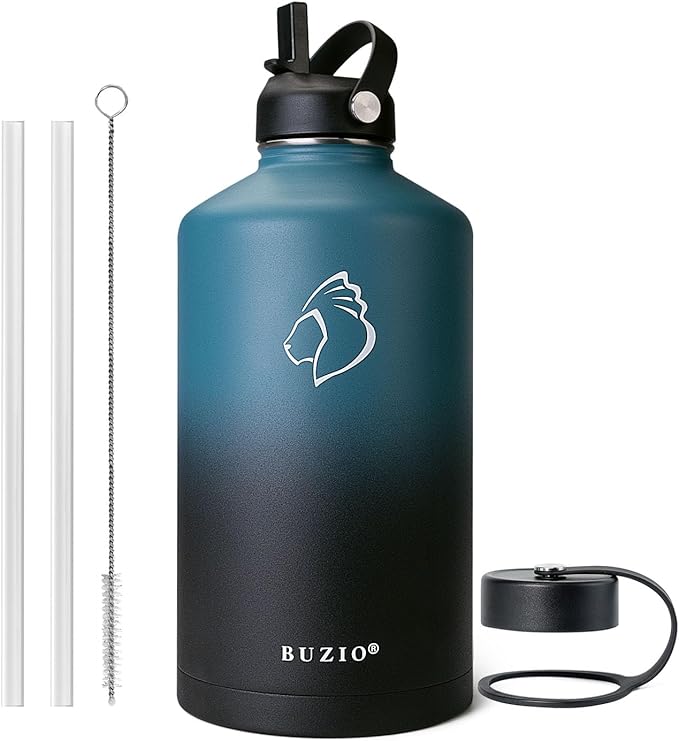 BUZIO 1 Gallon Water Bottle Insulated with Straw Lid, 128oz Large Water Jug Stainless Steel Metal Vacuum Water Flask Leak Proof 18/8 Food Grade Thermo Mug Keep Cold 48H & Hot 24H, Indigo Crush