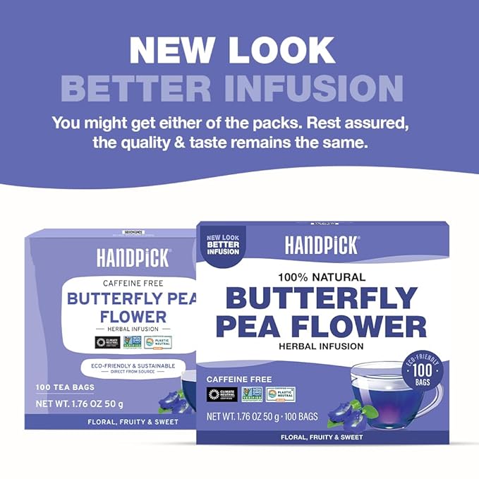 HANDPICK, Butterfly Pea Flower Tea (100 Herbal Tea Bags) | Caffeine Free, Non GMO | Premium Dried Butterfly Pea Flowers For Blue & Purple Drinks, Food Coloring | Iced Teas, Coolers, Cocktails