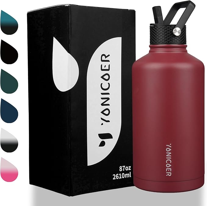 Insulated Water Bottle 64oz,Triple Wall Vacuum Stainless Steel(Dishwasher Safe),Leak Proof & Non-BPA,Flask Jug with Paracord Handle & Straw Spout Lids Sports