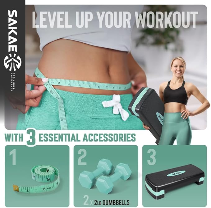 Aerobic Stepper Set with Dumbbells & Measuring Tape, Adjustable Height 2 Level Risers Workout Exercise Step Platform, 4 Colors, the Ultimate Gift for a Joyful Holiday and Merry Christmas