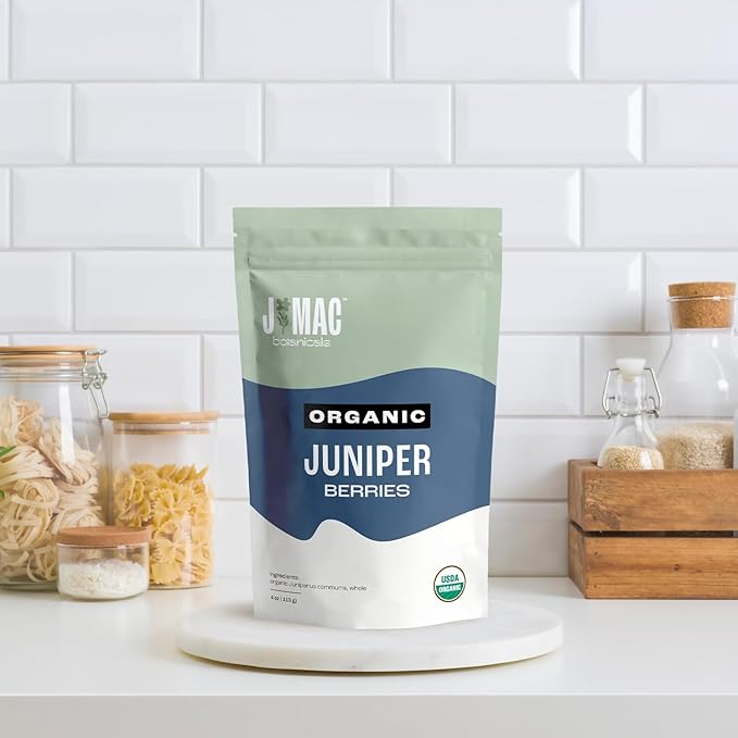 J MAC BOTANICALS, Organic Whole Juniper Berries, Certified Organic, juniper for herbal infusions, cooking and seasoning beef, pork, turkey brine, soups, syrups, cocktail bombs (4 oz)