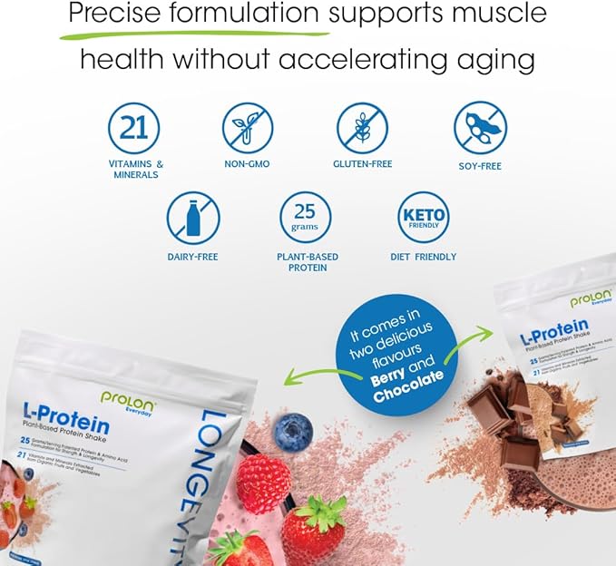 Prolon Longevity Plant Based Protein Powder | Muscle Synthesis & Repair, Healthy Aging, Boost Performance | Vitamins, Gluten Free, Amino Acids, Antioxidants | 25g of Protein | Berry, 12 Packets