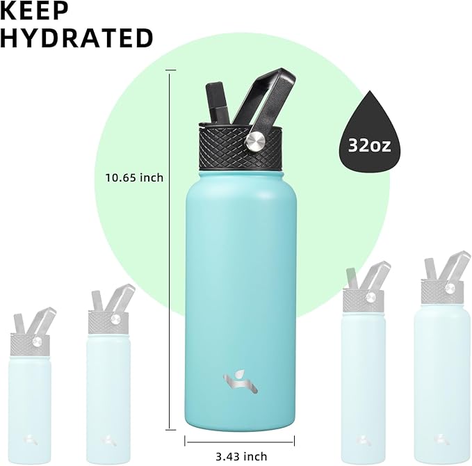 32 oz Insulated Water Bottle Stainless Steel Sport Bottles with 3 Lids,Turquoise