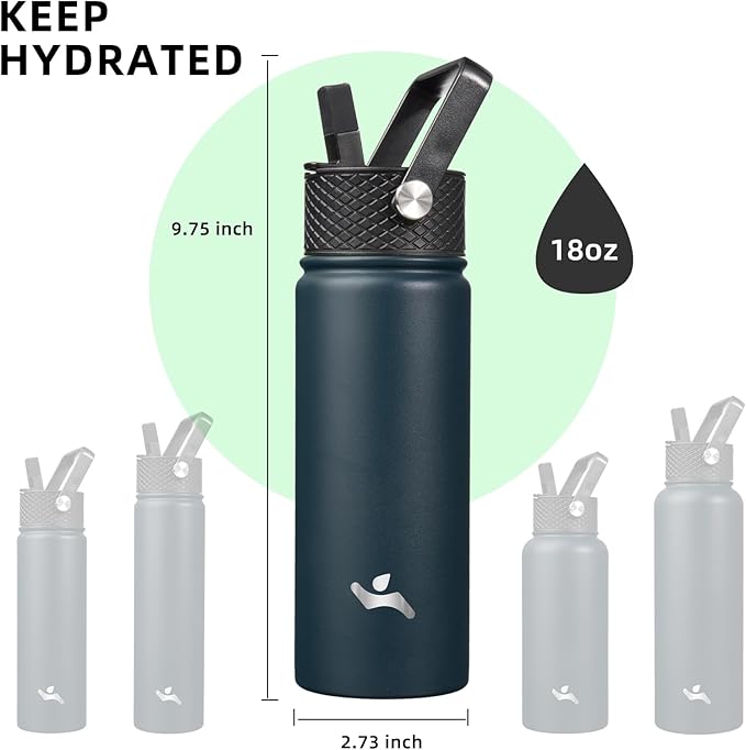 18 oz Insulated Water Bottle Stainless Steel Sport Bottles with 3 Lids,Navy Blue
