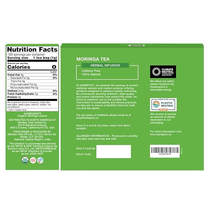 HANDPICK, Organic Moringa Tea Bags (100 Count), Pure Moringa Leaves | Authentic Indian Origin | Caffeine Free, Non GMO | Earthy, Light & Refreshing | Round Eco-conscious Teabags