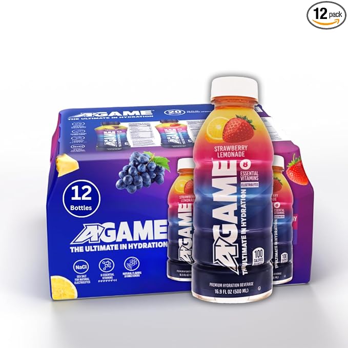 A-GAME Sports Drink, Strawberry Lemonade, The Ultimate Hydration Sports Beverage for Athletes, 8 Essential Vitamins including B, C, & E plus Natural Sea Salt Electrolytes, All Natural Flavors & Sweeteners, Gluten Free, 16.9 Fl Oz (Pack of 12)