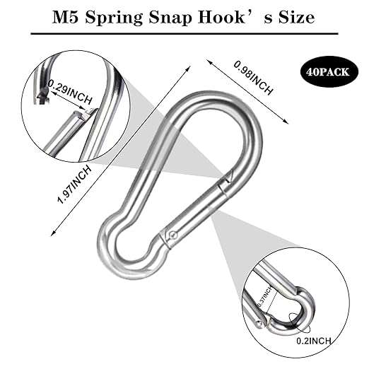 40 PCS 2'' Spring Snap Hook Carabiner, M5 3/16 Inch Galvanized Silver Steel Small Carabiner Clip, 220LBS Holding Capacity Quick Link Clip Keychain for Hammock Dog Leash & Camping Gym