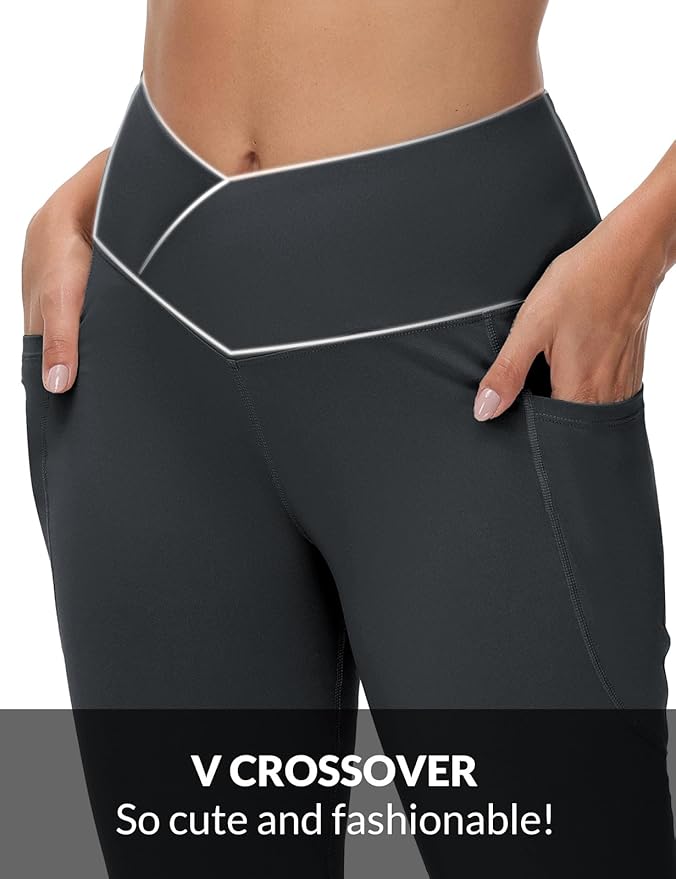 baleaf Women's V Crossover Flare Leggings with Pockets Yoga Pants High Waist Casual Workout Gym Bell Bottom Leggings