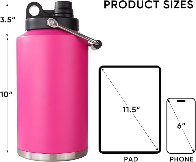 Kerilyn Insulated Gallon Jug with Handle, One Gallon, 128oz Stainless Steel, Large Double Vacuum Water Bottle for Hot & Cold Drinks, Wide Mouth, Sweat Proof, Great for Travel, Camping, Pink