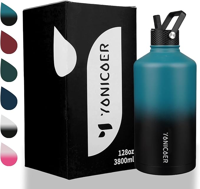 Insulated Water Bottle 64oz,Triple Wall Vacuum Stainless Steel(Dishwasher Safe),Leak Proof & Non-BPA,Flask Jug with Paracord Handle & Straw Spout Lids Sports