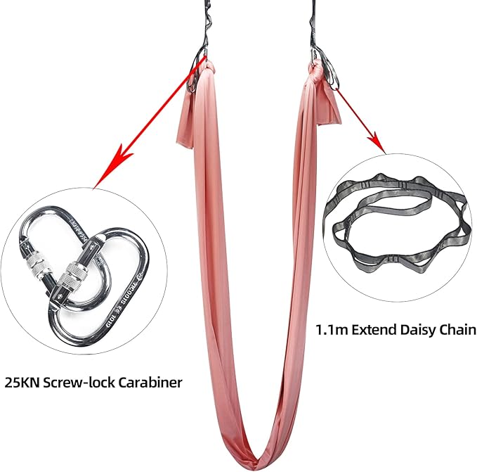 PRIOR FITNESS Yoga Straps Aerial Hammock Accessory Set, 2pcs Daisy Chain + 2pcs Carabiner, Aerial Silk Hardware with Daisy Chain Carabiner for Yoga Swing Pilates