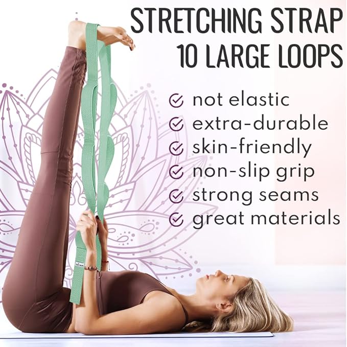 TECEUM Stretching Strap for Yoga & Physical Therapy – 10 Loops – Non-Elastic Leg Stretch Straps for Stretching, Exercising, Pilates, Post-Injury Rehabilitation for All Levels – Men & Women