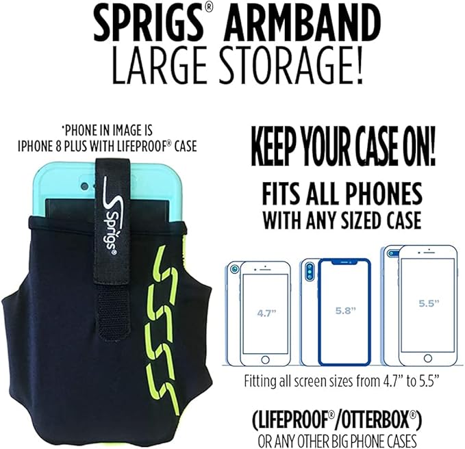 Sprigs Phone Armband Sleeve for iPhone 14, 13, 12, 11, X Galaxy Z, S22, S21, S20 Google Pixel 7, 6, 5. The Lightest & Most Comfortable Running Armband, Stretches to Fit All Phones with Case for Women & Men