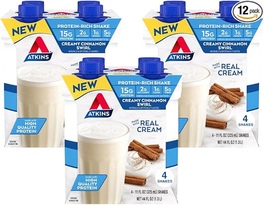 Atkins Creamy Cinnamon Swirl Protein Shake, 15g Protein, Low Glycemic, 2g Net Carb, 1g Sugar, Keto Friendly, 12 Count