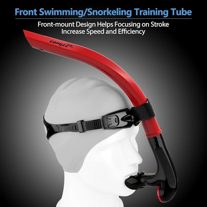 COPOZZ Swim Snorkel for Lap Swimming Swimmers Training Snorkeling Diving, Center Mount Comfortable Silicone Mouthpiece One-Way Purge Valve