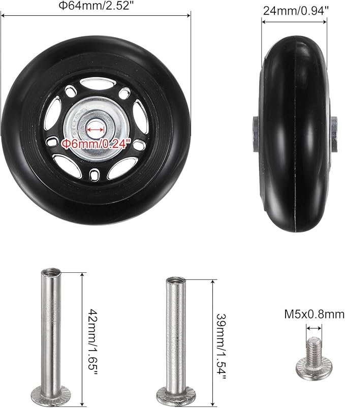 uxcell Replacement Luggage Wheels 64x24mm Suitcase Wheel Repair Kits Include 2 PU Bearing Wheels & Washers, Wrenches & Axle Screw for Trolley Bag, Inline Skate and Caster Board