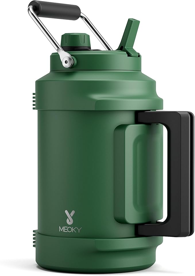 1 Gallon Insulated Water Bottle for Hiking: Meoky 128 oz Triple Wall Vacuum Stainless Steel Metal Water Jug - Top and Side Handles, Cold for 48 Hrs, 2-in-1 Straw and Spout Lid, Leakproof for Gym (Fir)