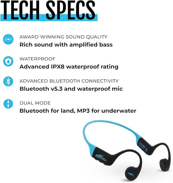 H2O Audio TRI 2 Multisport Waterproof Bone Conduction Open Ear Headphones, Bluetooth 5.3 for Running and Cycling, MP3 Mode for Swimming, 8GB Memory, 8.5-Hour Battery, Black