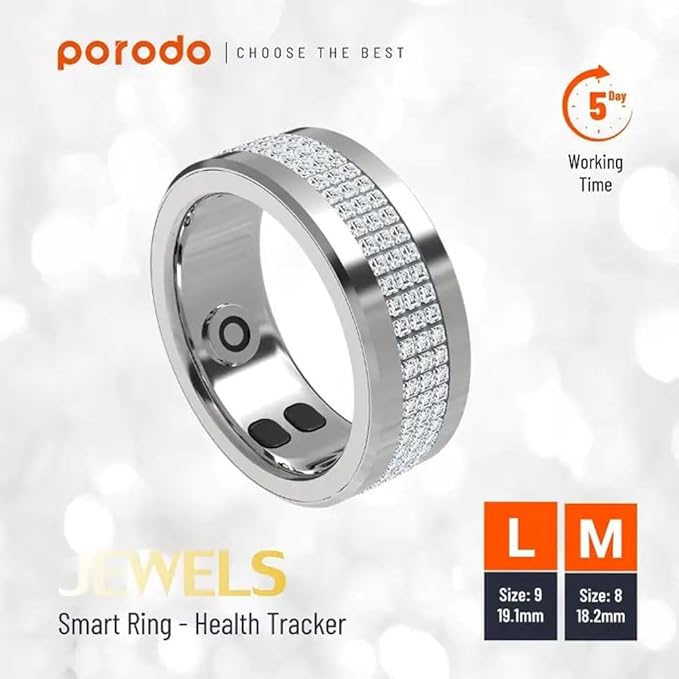 Jewels Smart Ring Health Tracker 18.2mm, 5 Days Working Time, Sports Mode, Sleep Monitor, Heart Rate, Calorie Counter, Blood Oxygen – Silver