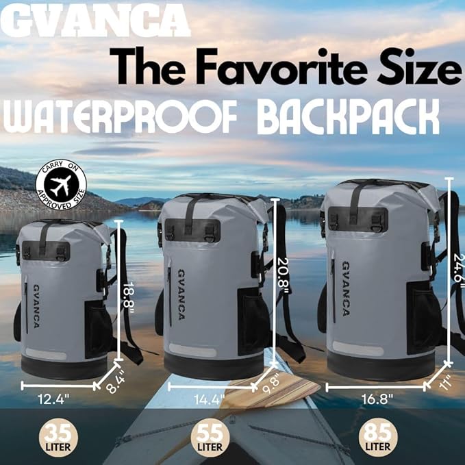 Waterproof Roll Top Kayak Dry Backpack, Floating Outdoor Dry Sack Boating Sailing Canoeing Rafting Fishing Camping 55L Grey
