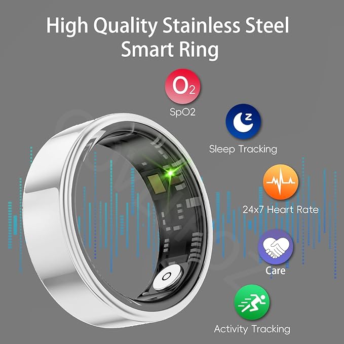 Smart Ring Health Tracker, Fitness Sleep and Heart Rate Monitor Smart Ring, Waterproof Bluetooth Fitness Tracker Ring IPX68 Waterproof (Silver, 7)