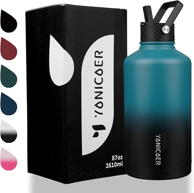 Insulated Water Bottle 64oz,Triple Wall Vacuum Stainless Steel(Dishwasher Safe),Leak Proof & Non-BPA,Flask Jug with Paracord Handle & Straw Spout Lids Sports