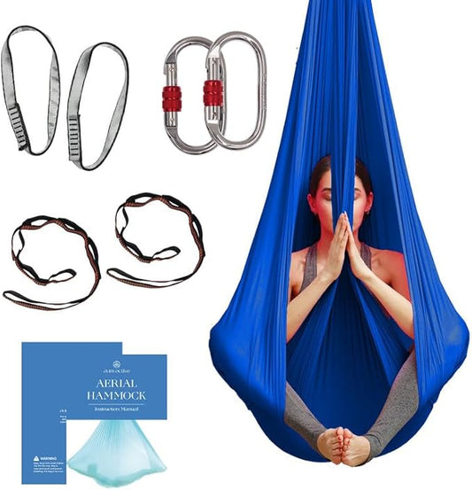 Aerial Silk Yoga Hammock & Swing for Home, Inversion Exercises, Starter Kit for All Levels - Durable with Extension Straps, Carabiners, and Pose Guide