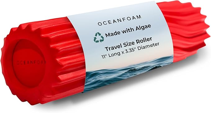 Oceanfoam Ripple Travel Foam Roller (11" x 3.35") Firm Mini Foam Roller for Physical Therapy, Deep Tissue Massage, Back Pain - High Density, Ergonomic Wave Textured - Yoga, Pilates, Exercise (Red)