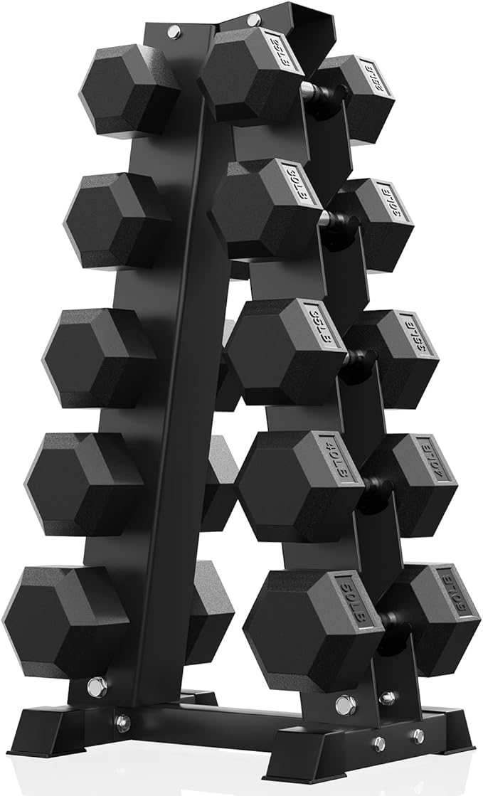 PAPABABE Hex Dumbbell Sets with Rack, 60-550lb Rubber Coated Dumbbell Weight Set and Storage Rack, Multiple Options Hand Weights for Strength Training