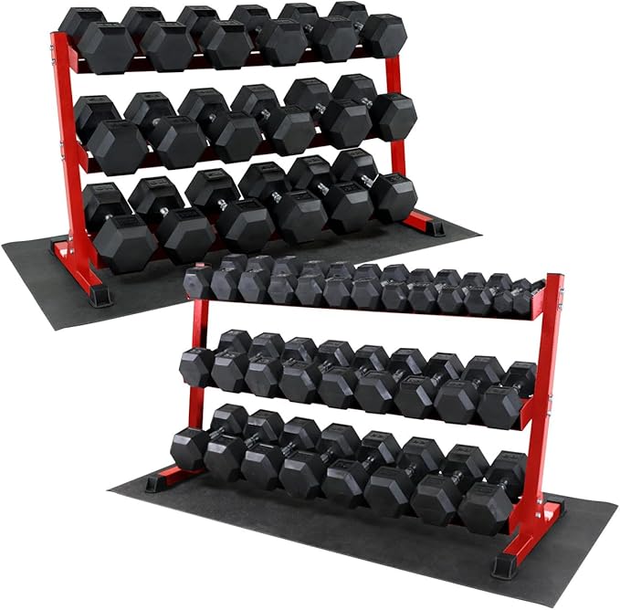 WF Athletic Supply Rubber Coated Hex Dumbbell Set, Multiple Choices Available - Dumbbells with Rack Stand and Mat, or Dumbbells Only (200/550/1200/2100/3000 LB)
