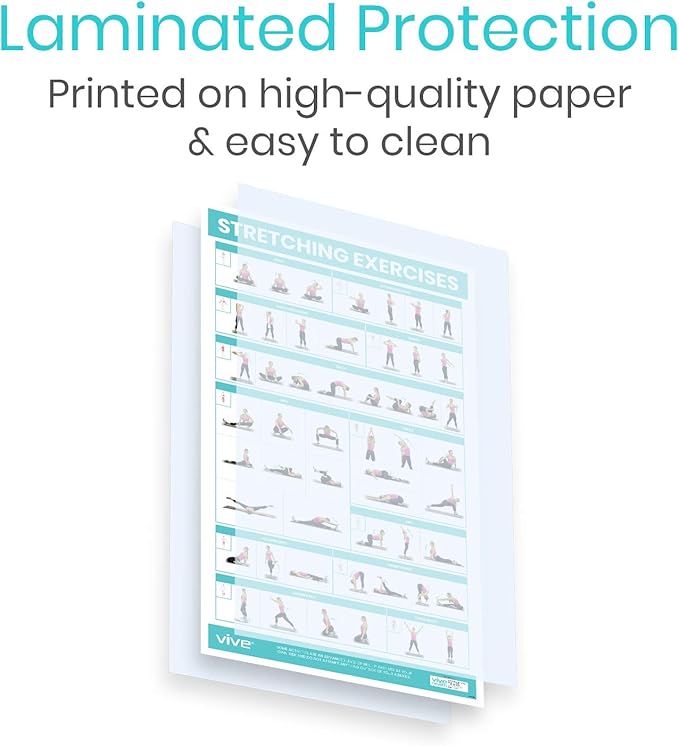 Vive Workout Posters for Home Gym - 52 Streching Exercises Full Body Workout - Laminated Pre Post Routines Wall Chart - Bodyweight Poses Instruction Guide for Core, Abs, Legs, Glutes, Upper Body
