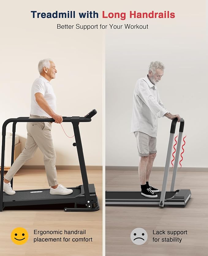 Redliro Treadmill for Seniors with Long Handrails - 300 lbs Capacity Walking Treadmill for Elderly with Cup Holder - Recovery Machine for Home Use with Clear, Non-Scrolling Display (Black)
