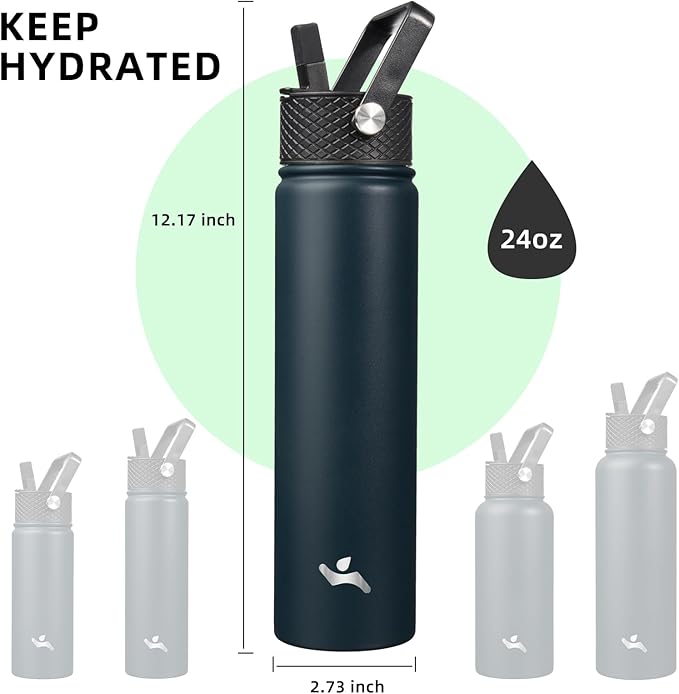 Insulated Water Bottle 24oz Stainless Steel Sport Bottles with 3 Lids,Navy Blue