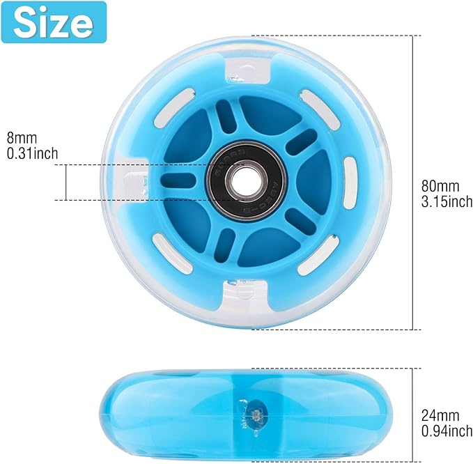8pcs Inline Skate Wheels Led Light-Up Wheels 64/70/72/76/80mm w/Bushings 85-88A for Kids and Youth Beginners Children's Inline Skates Indoor/Outdoor Use (Blue, 80mm)