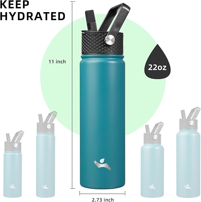 22oz Stainless Steel Bottles with 3 Lids Sport Insulated Water Bottle,Light Blue