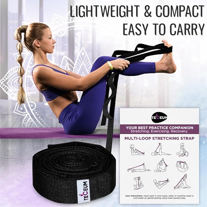 TECEUM Stretching Strap for Yoga & Physical Therapy – 10 Loops – Non-Elastic Leg Stretch Straps for Stretching, Exercising, Pilates, Post-Injury Rehabilitation for All Levels – Men & Women