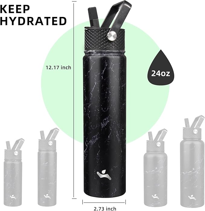 Insulated Water Bottle 24oz Stainless Steel Sport Bottles with 3 Lids,Marble Midnight