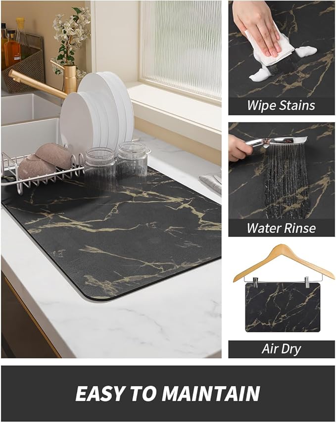 AMOAMI Coffee Mat Hide Stain Rubber Backed Absorbent Dish Drying Mat for Kitchen Counter-Coffee Bar Accessories, Black & Gold, 17"X31.5"