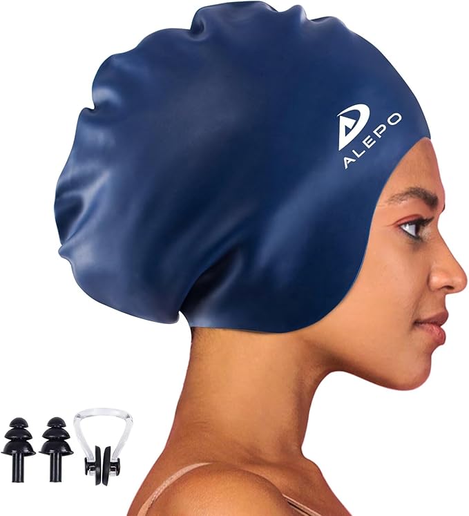 Alepo Extra Large Swim Cap for Women Men, Durable Silicone Swimming Hat with Ear Protection, Unisex Adults Bath Swimming Caps for Long Thick Curly Hair & Dreadlocks Braids Weaves Afro Hair