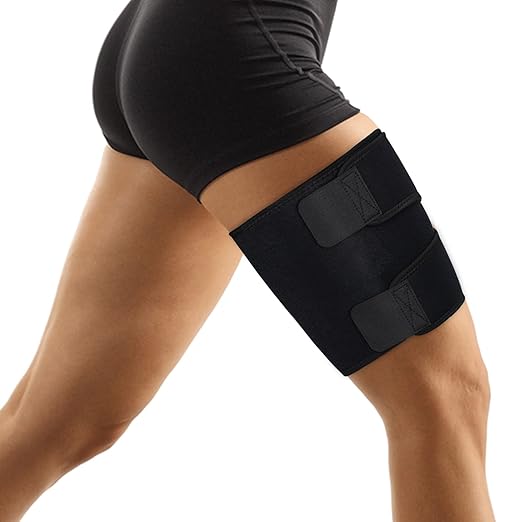 supregear Thigh Wraps Support, Adjustable Compression Neoprene Thigh Sleeve Hamstring Quad Wrap Upper Leg Brace for Women Men Pulled Groin Muscle, Quadriceps, Black, M