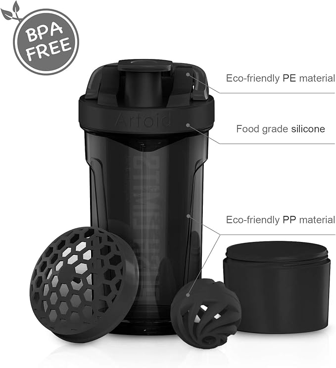 Artoid Mode Inspirational Fitness Workout Sports Protein Shaker Bottle 24-Ounce, Dual Mixing Technology with Shaker Balls & Mixing Grids Included, Twist and Lock Protein Box Storage Included