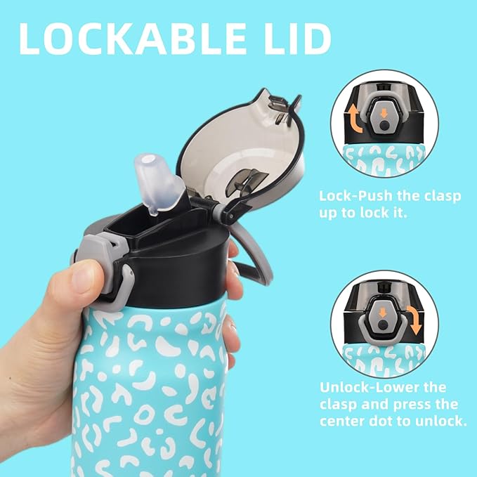 Insulated Water Bottle with Straw and Carry Loop,18 oz Stainless Steel Double Wall Vaccum Metal Water Flask with Leak-proof Lid,Blue Leopard