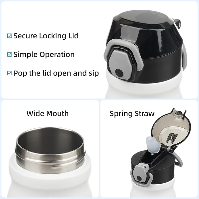 Insulated Water Bottle with Straw and Carry Loop,18 oz Stainless Steel Double Wall Vaccum Metal Water Flask with Leak-proof Lid,White