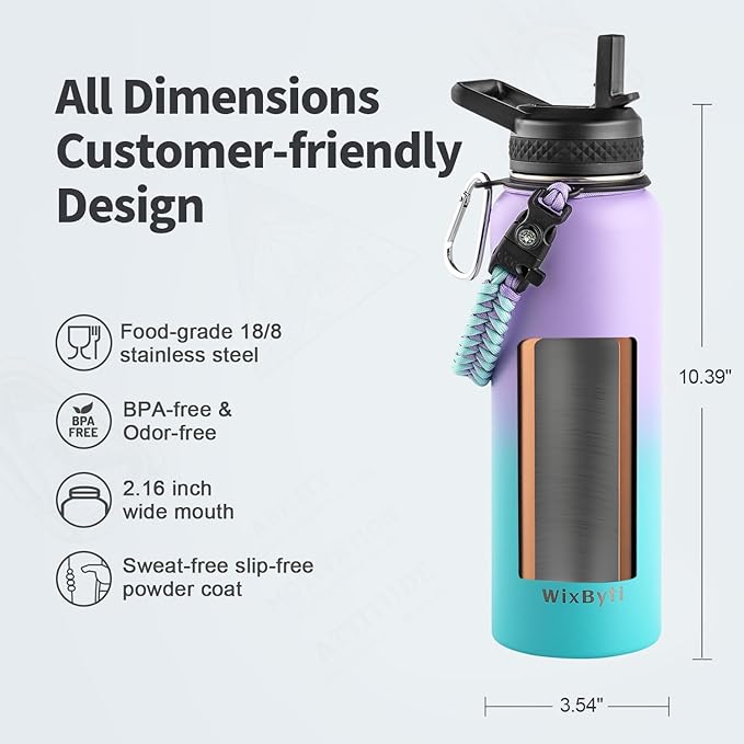 40 oz Insulated Water Bottle with Straw (Cold for 48 Hrs), Stainless Steel Triple Wall Vacuum Sports Water Jug, Leakproof Hydro Cup Flask with Paracord Handle & Straw Spout Lids & DIY Stickers