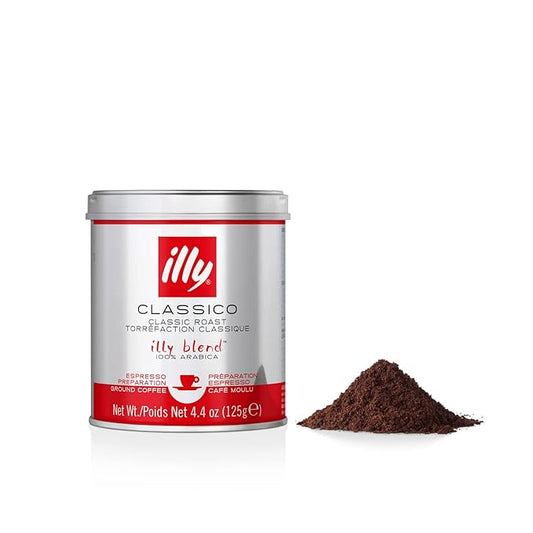 illy Ground Coffee Espresso - 100% Arabica Coffee Ground – Classico Medium Roast - Notes of Caramel, Orange Blossom & Jasmine - Rich Aromatic Profile - Precise Roast - No Preservatives – 4.4 Ounce