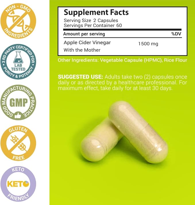 Apple Cider Vinegar Capsules with Mother, 1500mg ACV Pills, Helps Improve Energy, Support Efforts to Improve Immunity and Digestion High Potency, Non-GMO, Gluten-Free - 60-Day Supply